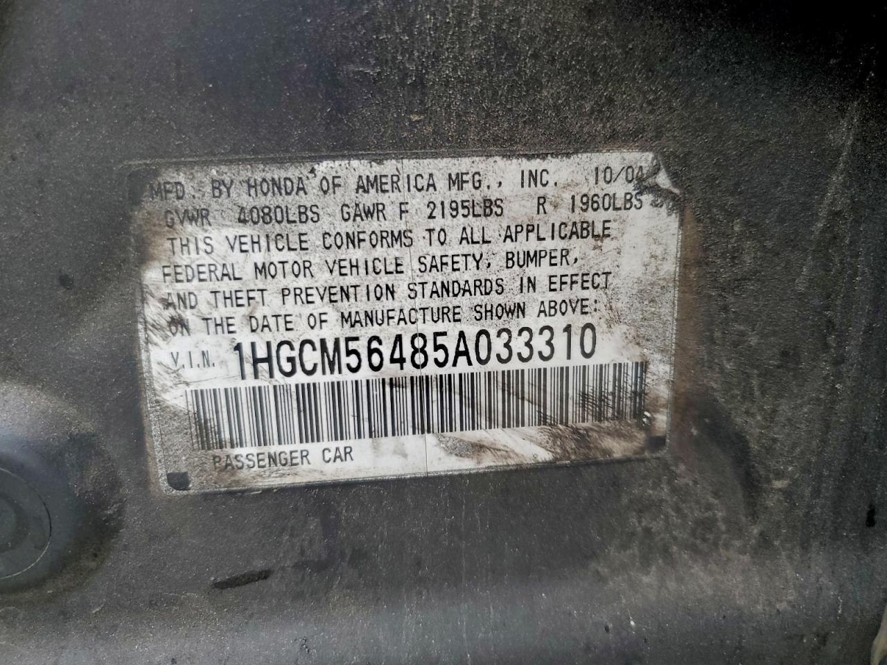 2005 Honda Accord Lx VIN: 1HGCM56485A033310 Lot: 94143545