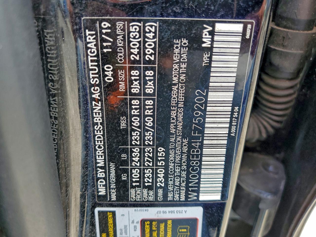 2020 Mercedes-Benz Glc 300 4Matic VIN: W1N0G8EB4LF759202 Lot: 94406765