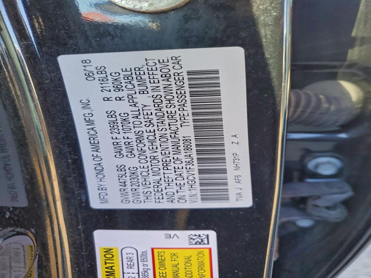 2018 Honda Accord Sport VIN: 1HGCV1F36JA186081 Lot: 94580965