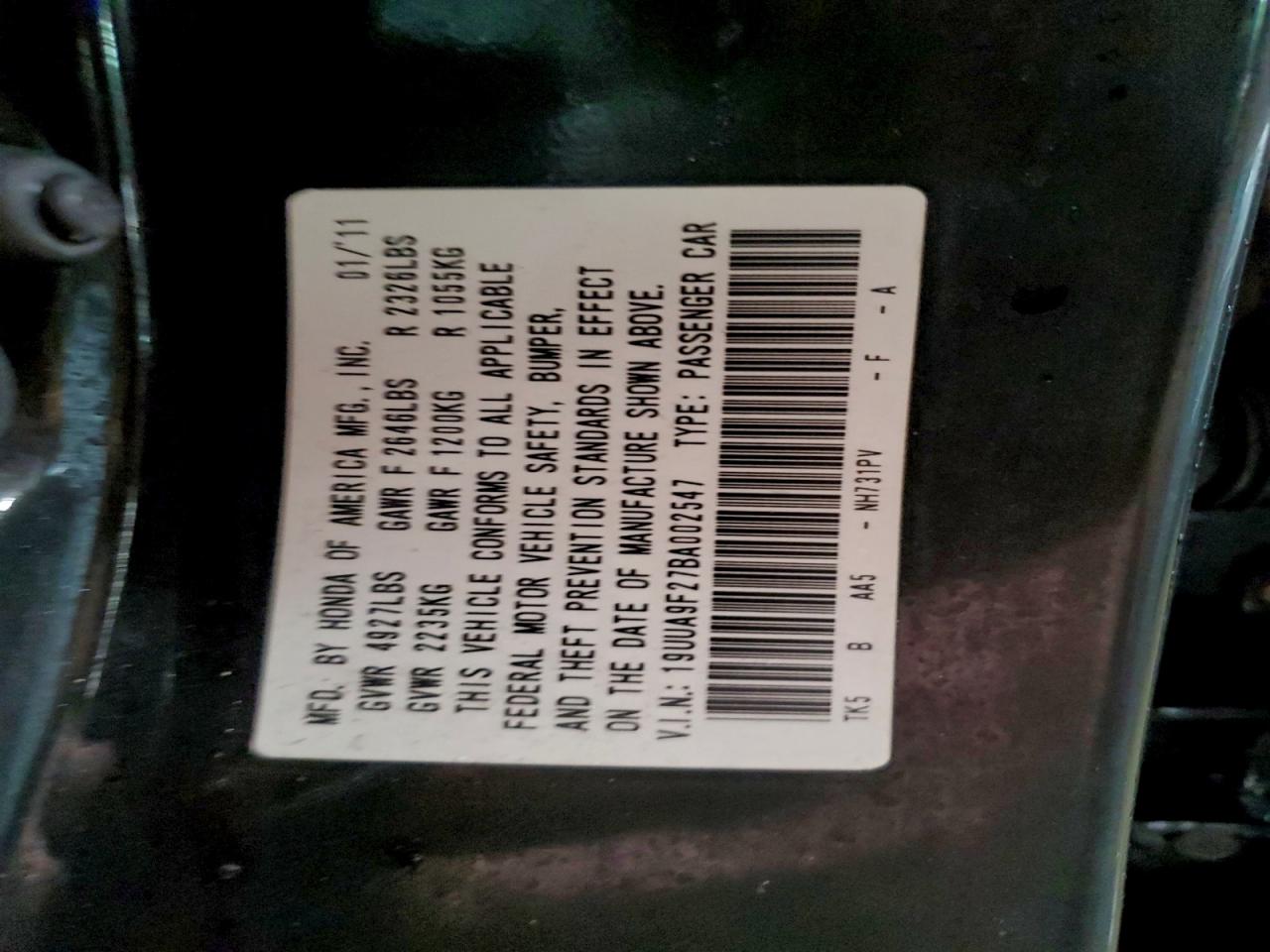 2011 Acura Tl VIN: 19UUA9F27BA002547 Lot: 94376605