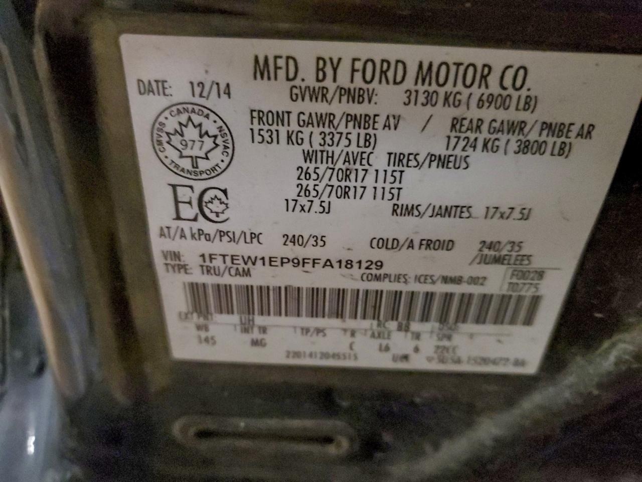 2015 Ford F150 Supercrew VIN: 1FTEW1EP9FFA18129 Lot: 94428135