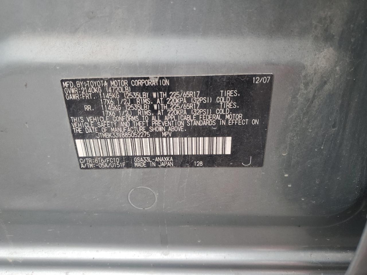 2008 Toyota Rav4 VIN: JTMBK33V885052275 Lot: 93010845