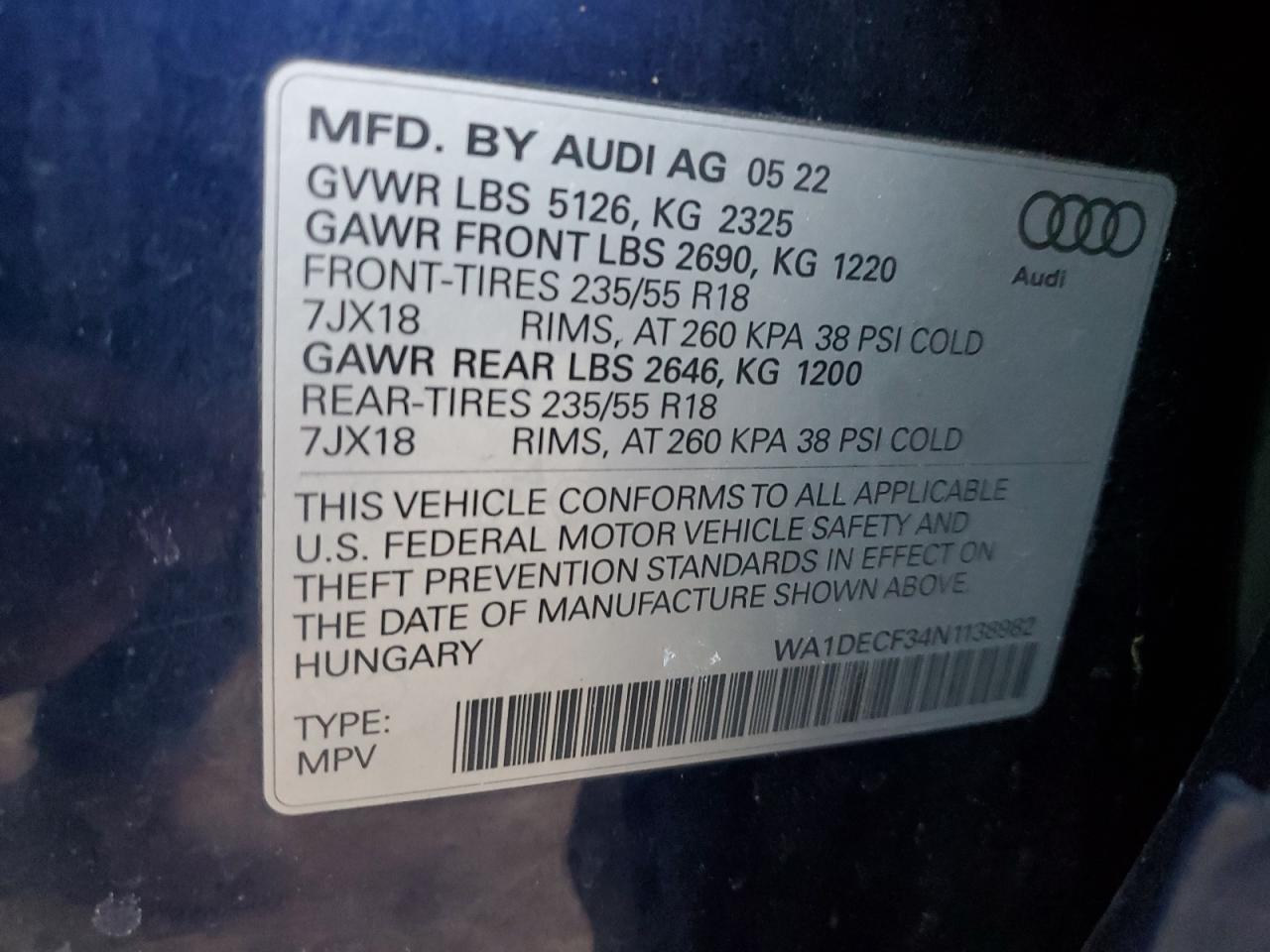 2022 Audi Q3 Premium S Line 45 VIN: WA1DECF34N1138982 Lot: 91579635