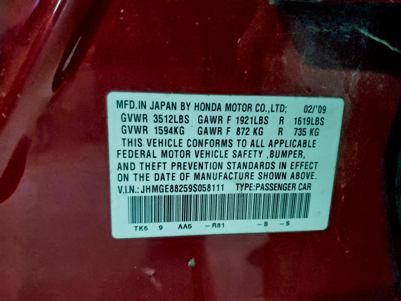 2009 Honda Fit VIN: JHMGE88259S058111 Lot: 94161895