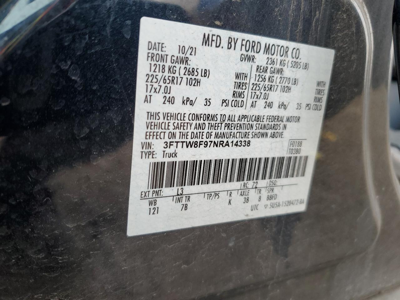 2022 Ford Maverick Xl VIN: 3FTTW8F97NRA14338 Lot: 93949255