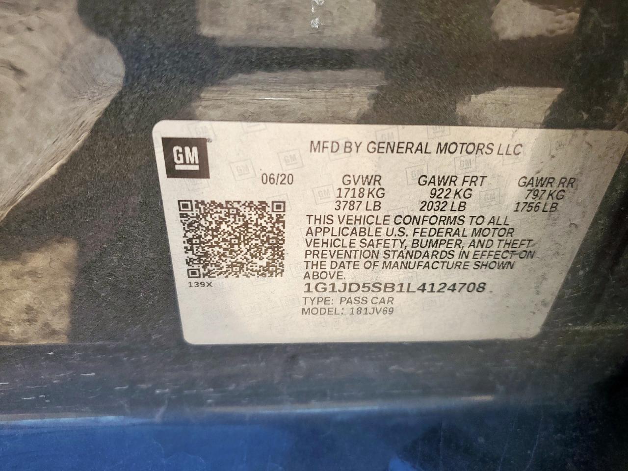 2020 Chevrolet Sonic Lt VIN: 1G1JD5SB1L4124708 Lot: 90356265