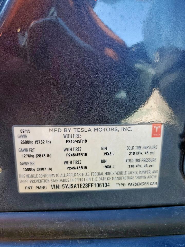 2015 Tesla Model S VIN: 5YJSA1E23FF106104 Lot: 91121615