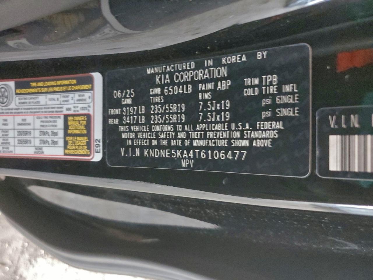 2026 Kia Carnival Sx VIN: KNDNE5KA4T6106477 Lot: 94535355