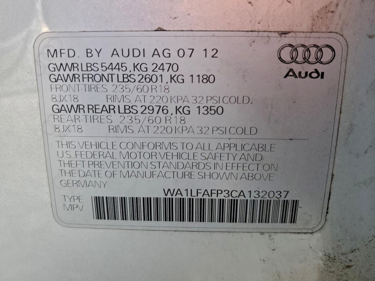 2012 Audi Q5 Premium Plus VIN: WA1LFAFP3CA132037 Lot: 93766185