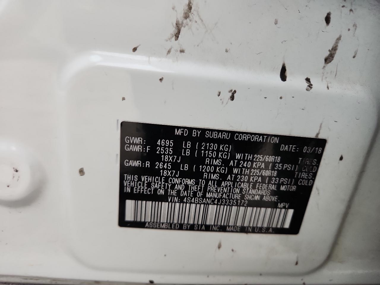 2018 Subaru Outback 2.5I Limited VIN: 4S4BSANC4J3335172 Lot: 91650925