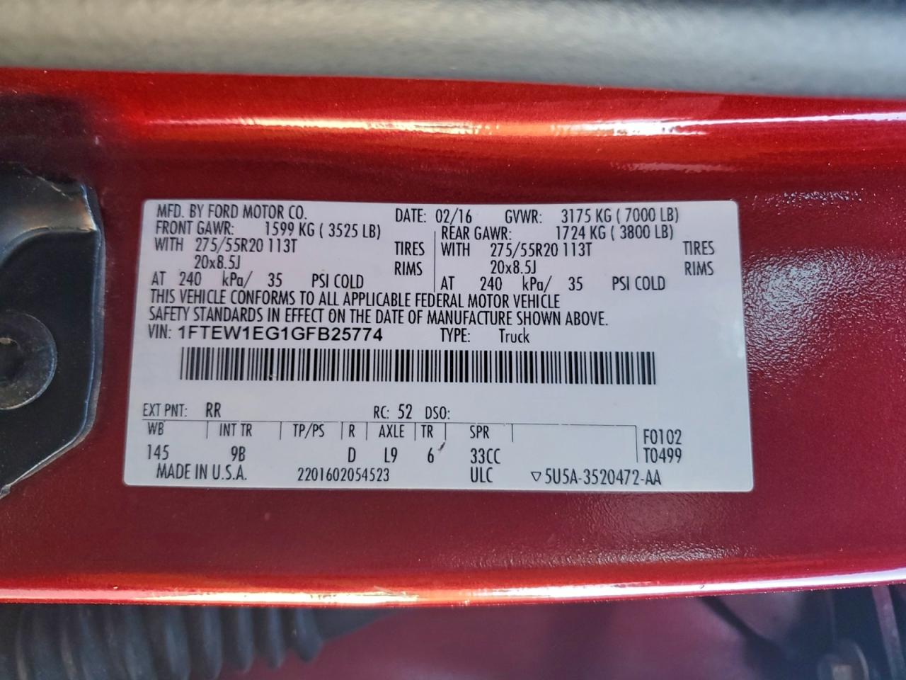 2016 Ford F150 Supercrew VIN: 1FTEW1EG1GFB25774 Lot: 93184065