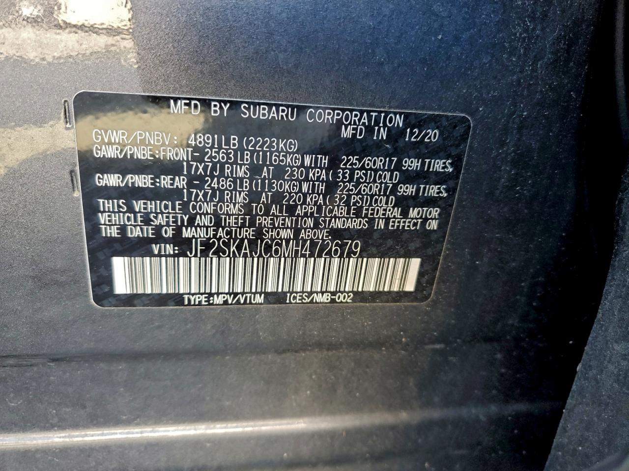 2021 Subaru Forester Premium VIN: JF2SKAJC6MH472679 Lot: 94104675