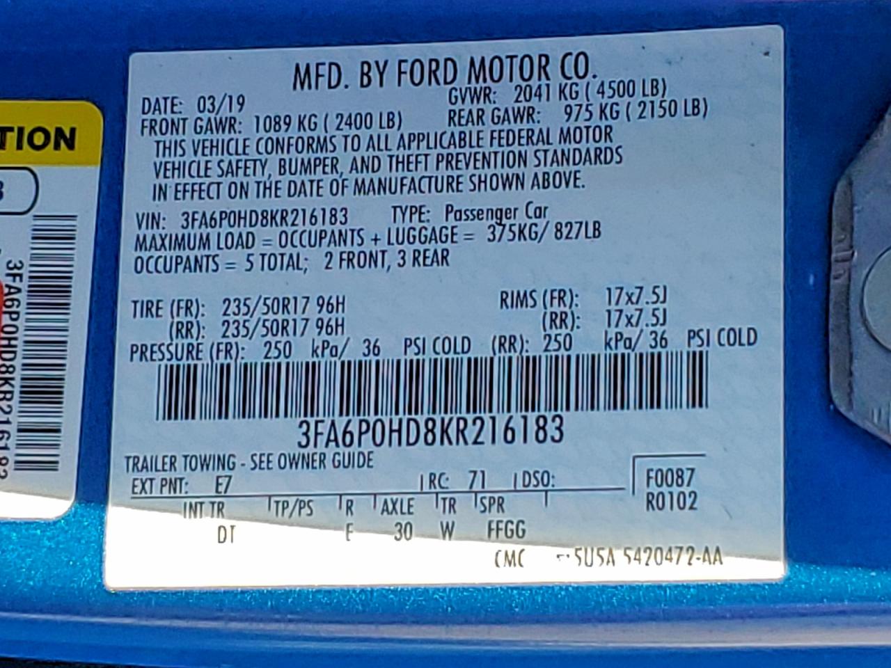 2019 Ford Fusion Se VIN: 3FA6P0HD8KR216183 Lot: 93347125