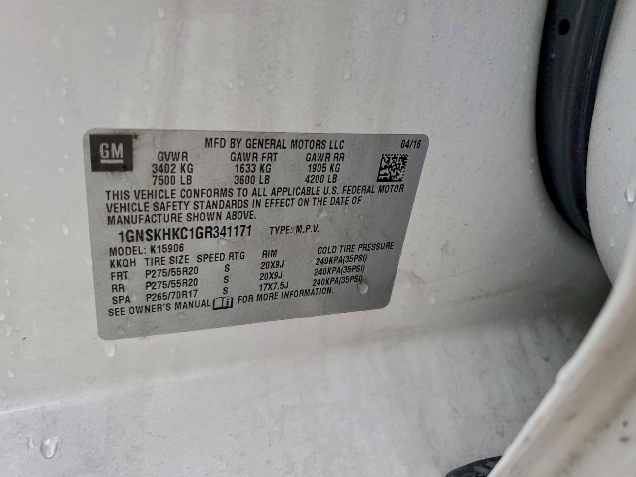 2016 Chevrolet Suburban K1500 Lt VIN: 1GNSKHKC1GR341171 Lot: 93812855