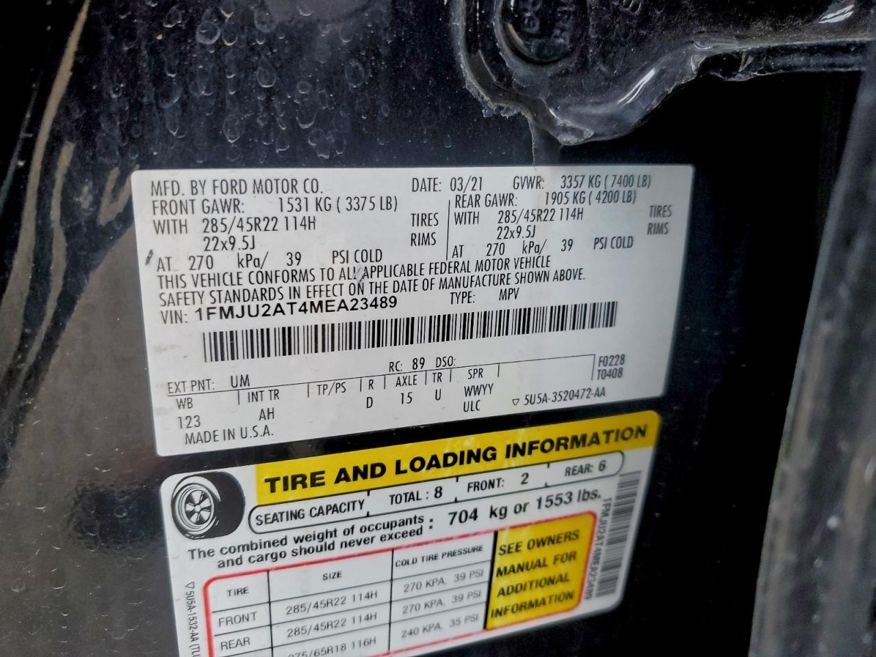 2021 Ford Expedition Limited VIN: 1FMJU2AT4MEA23489 Lot: 93923435