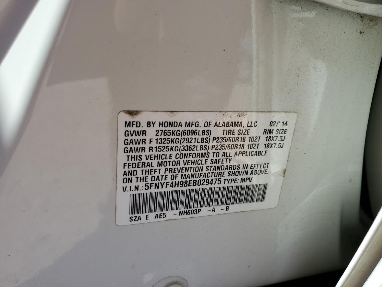 2014 Honda Pilot Touring VIN: 5FNYF4H98EB029475 Lot: 91531265