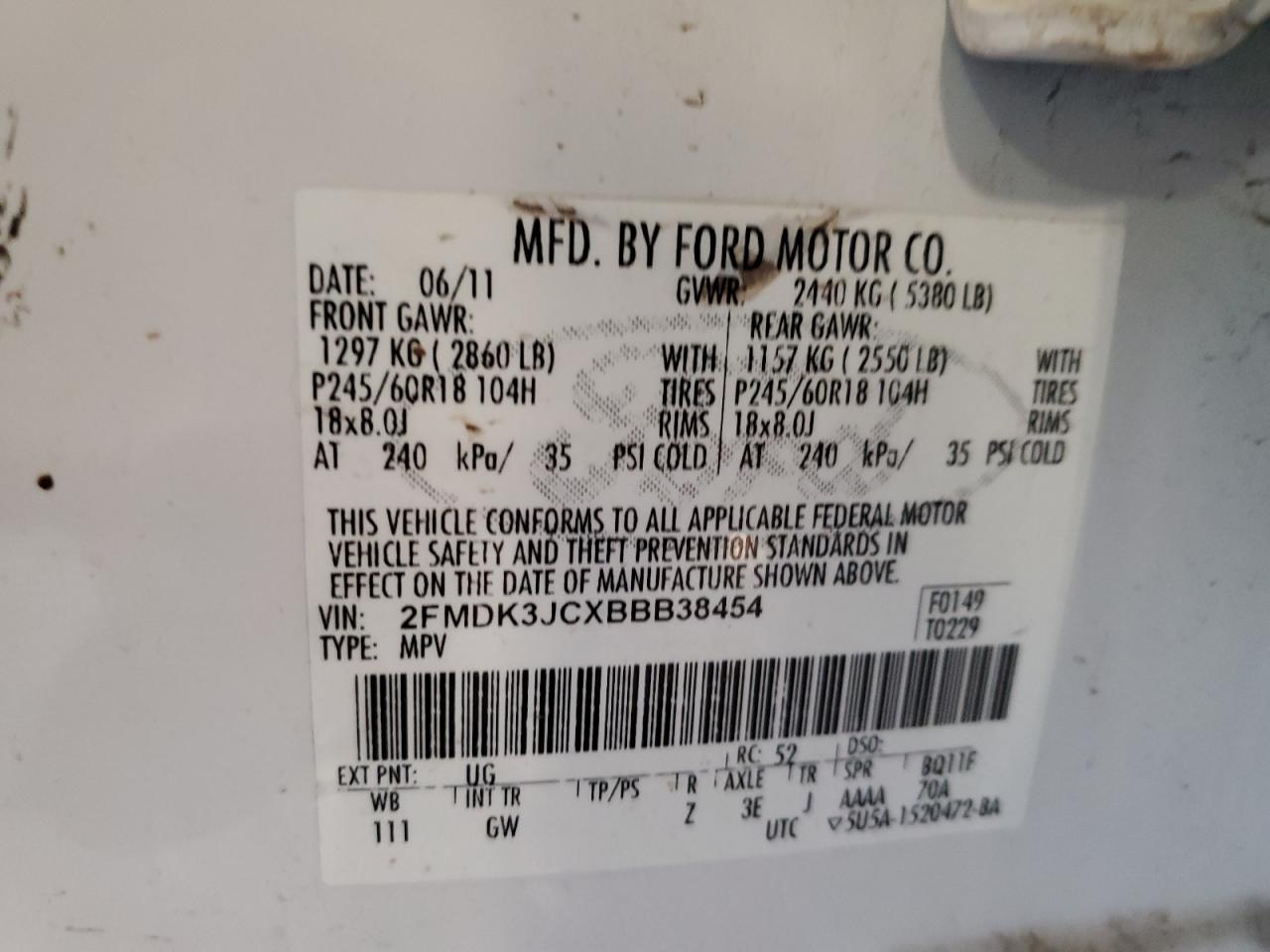 2011 Ford Edge Sel VIN: 2FMDK3JCXBBB38454 Lot: 92865925