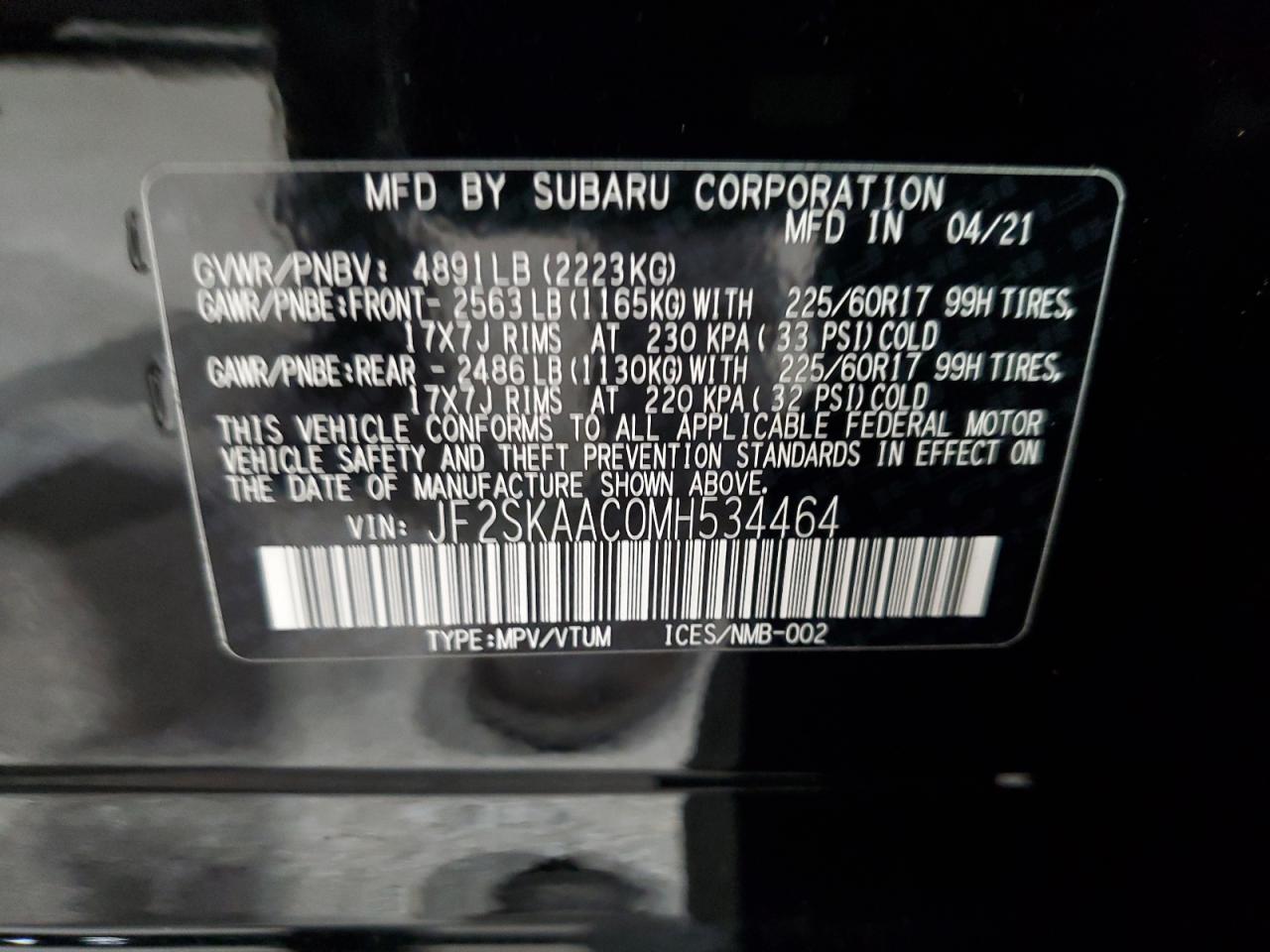 2021 Subaru Forester VIN: JF2SKAAC0MH534464 Lot: 91703515