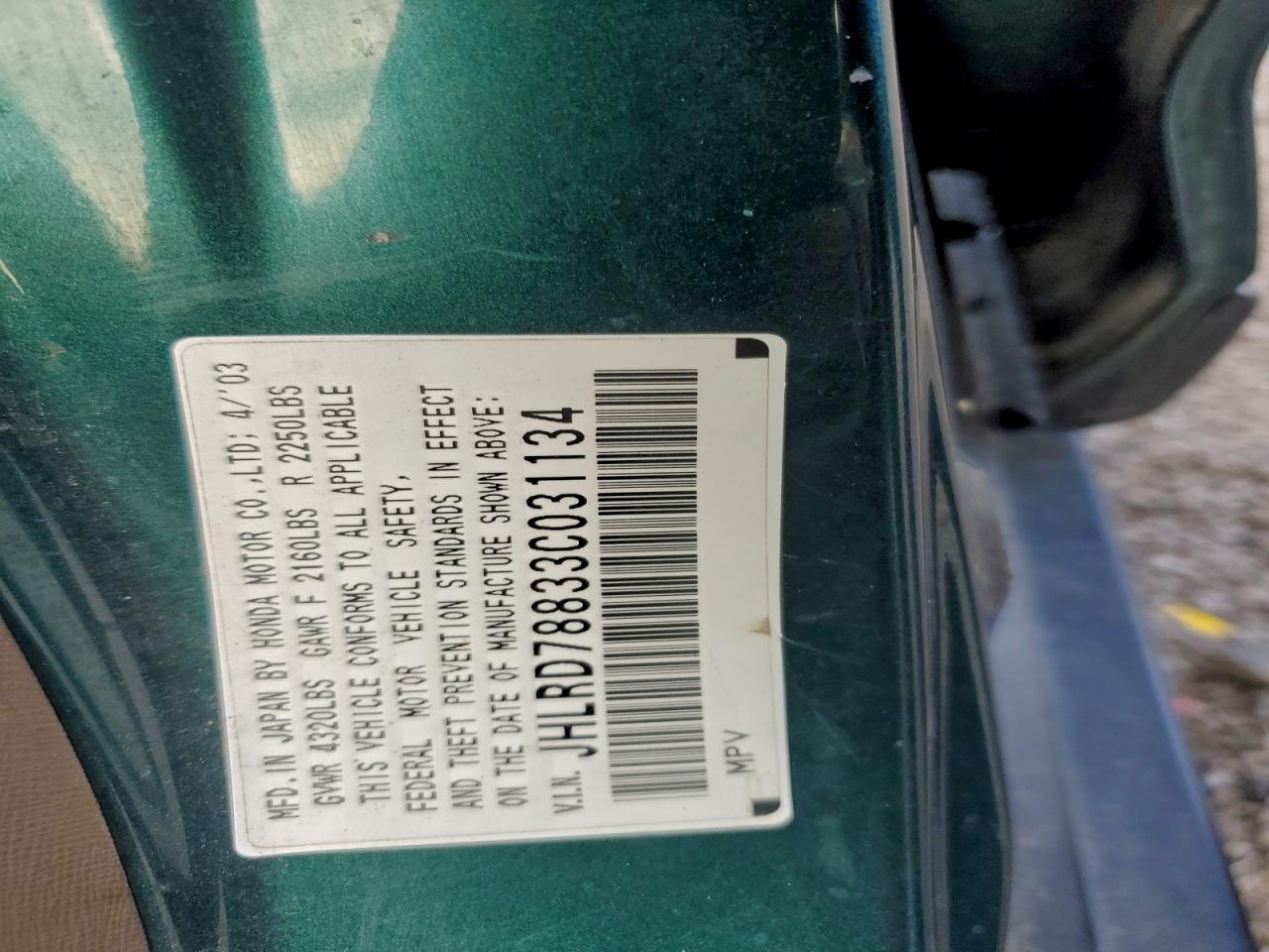 2003 Honda Cr-V Ex VIN: JHLRD78833C031134 Lot: 93449985