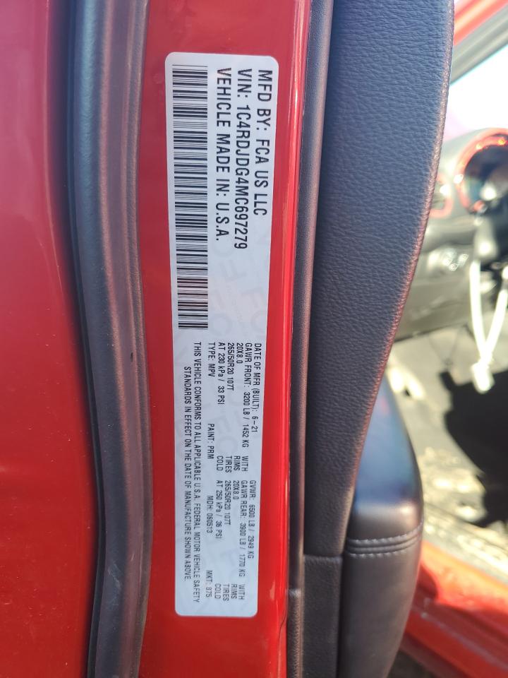 2021 Dodge Durango Gt VIN: 1C4RDJDG4MC697279 Lot: 92228955