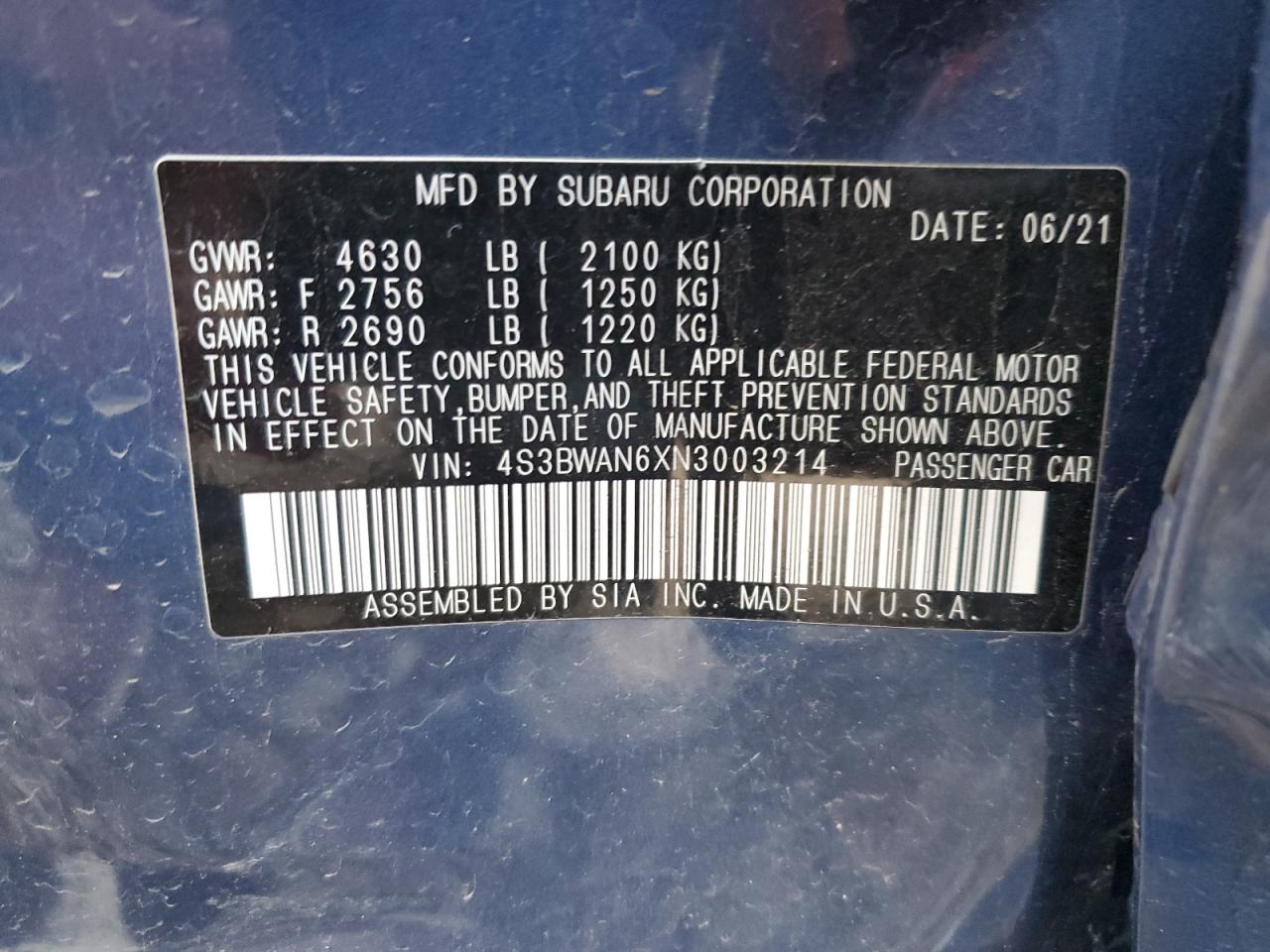 2022 Subaru Legacy Limited VIN: 4S3BWAN6XN3003214 Lot: 90796445