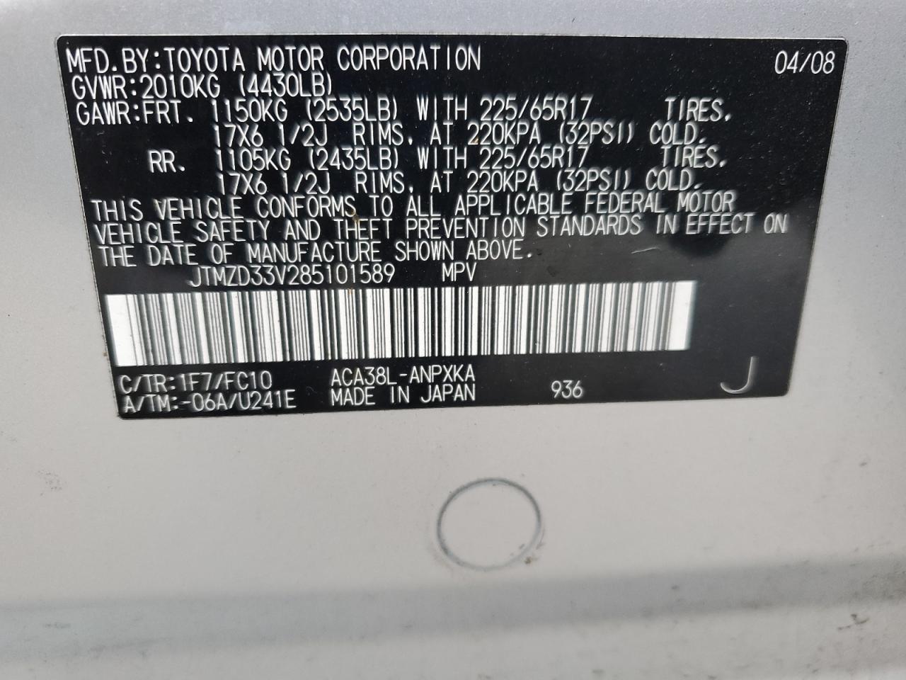 2008 Toyota Rav4 VIN: JTMZD33V285101589 Lot: 93322095