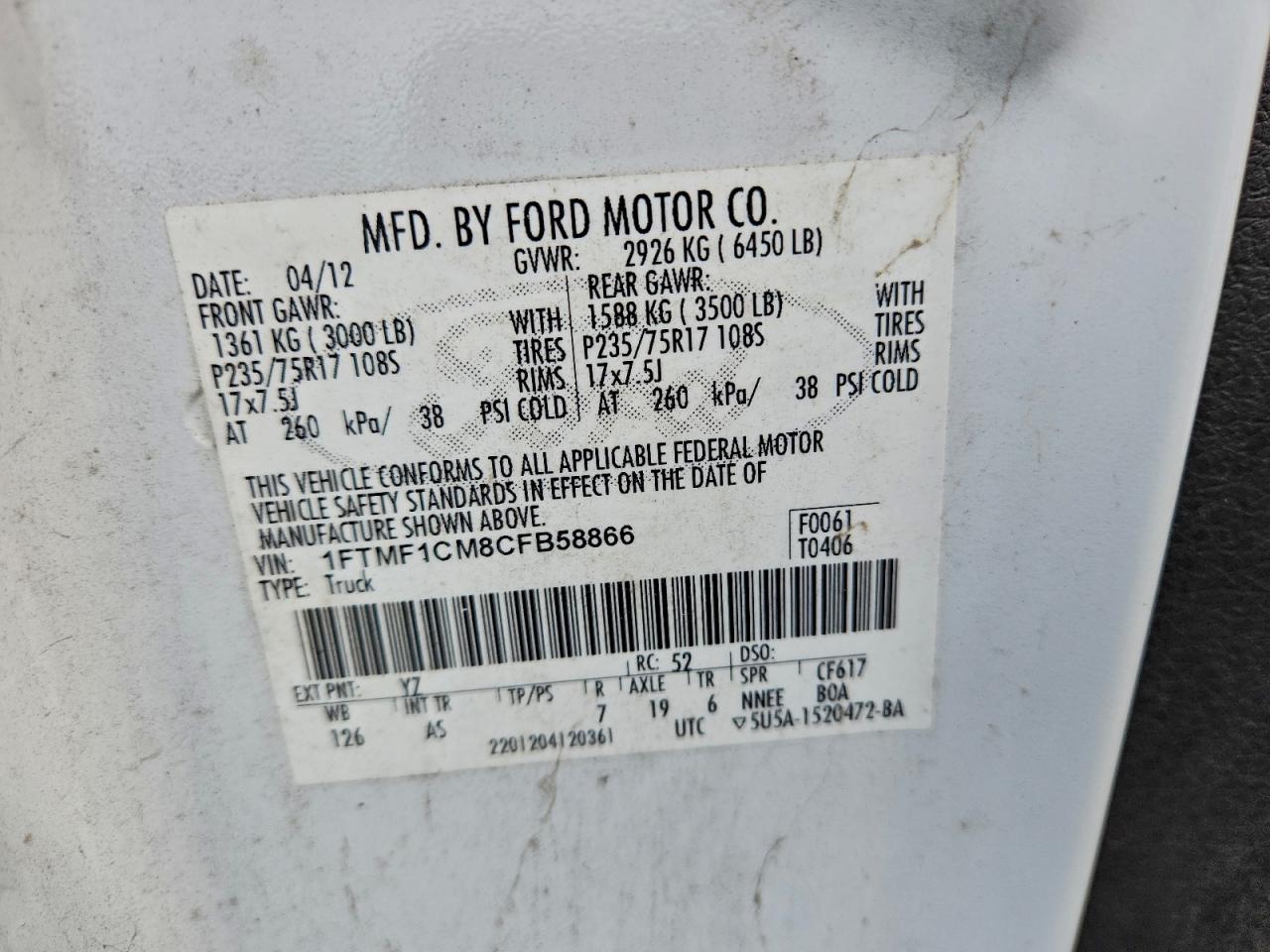 2012 Ford F150 VIN: 1FTMF1CM8CFB58866 Lot: 93499565