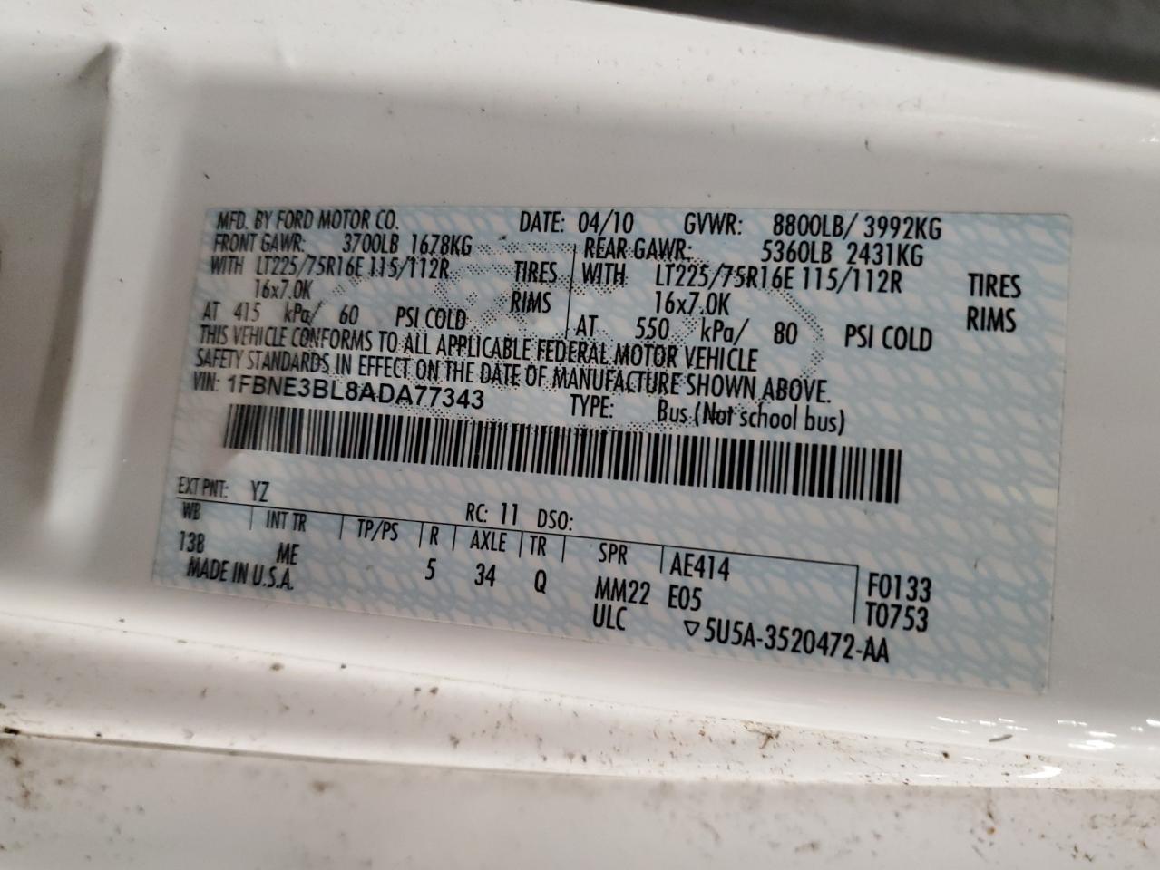 2010 Ford Econoline E350 Super Duty Wagon VIN: 1FBNE3BL8ADA77343 Lot: 94841285