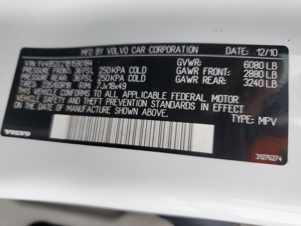 2011 Volvo Xc90 3.2 VIN: YV4952CZ1B1590184 Lot: 87314515