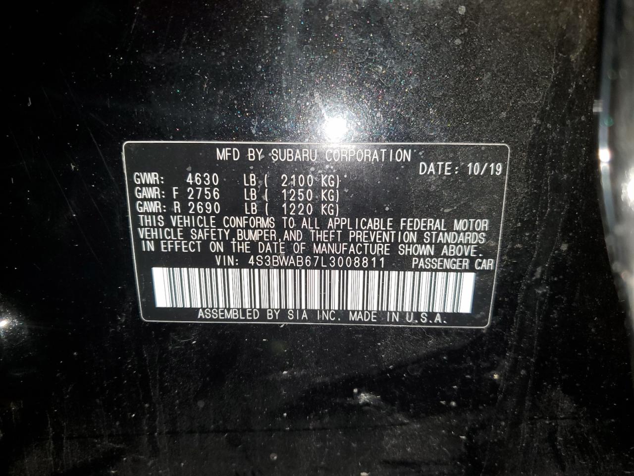 2020 Subaru Legacy VIN: 4S3BWAB67L3008811 Lot: 93074955