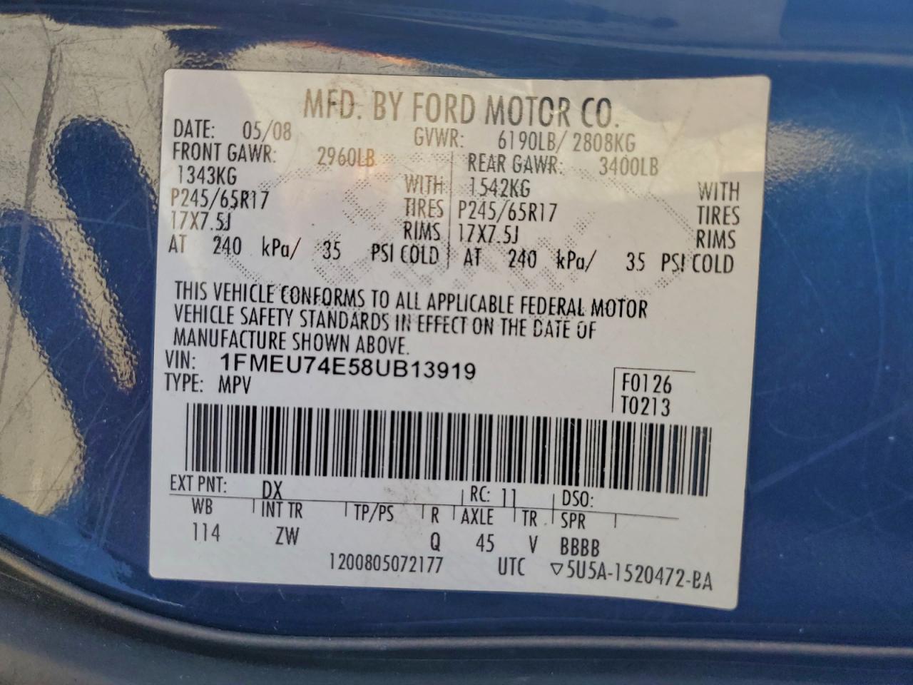 2008 Ford Explorer Eddie Bauer VIN: 1FMEU74E58UB13919 Lot: 93882745