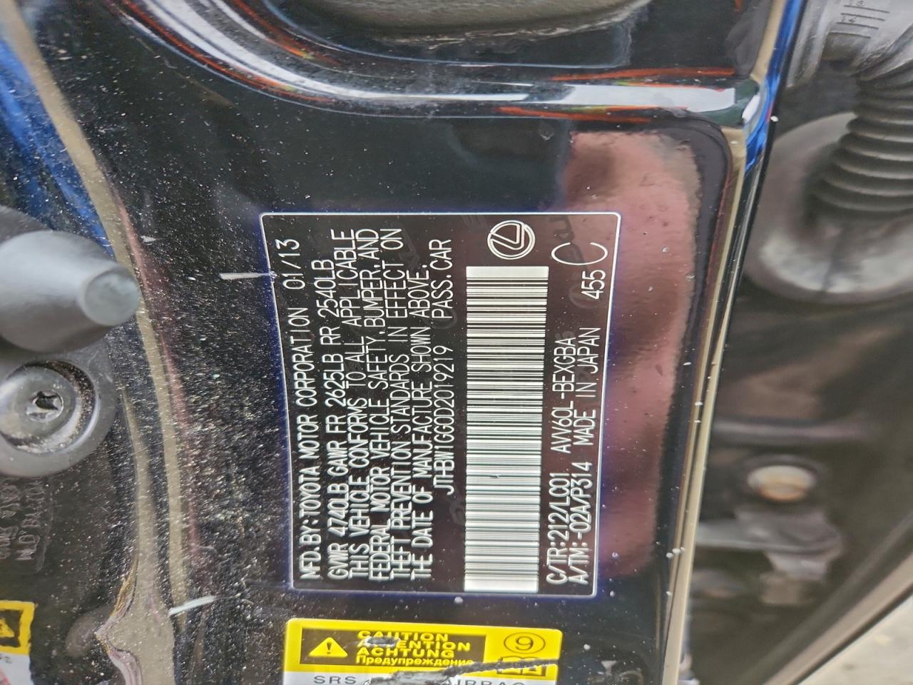 2013 Lexus Es 300H VIN: JTHBW1GG0D2019219 Lot: 93038345