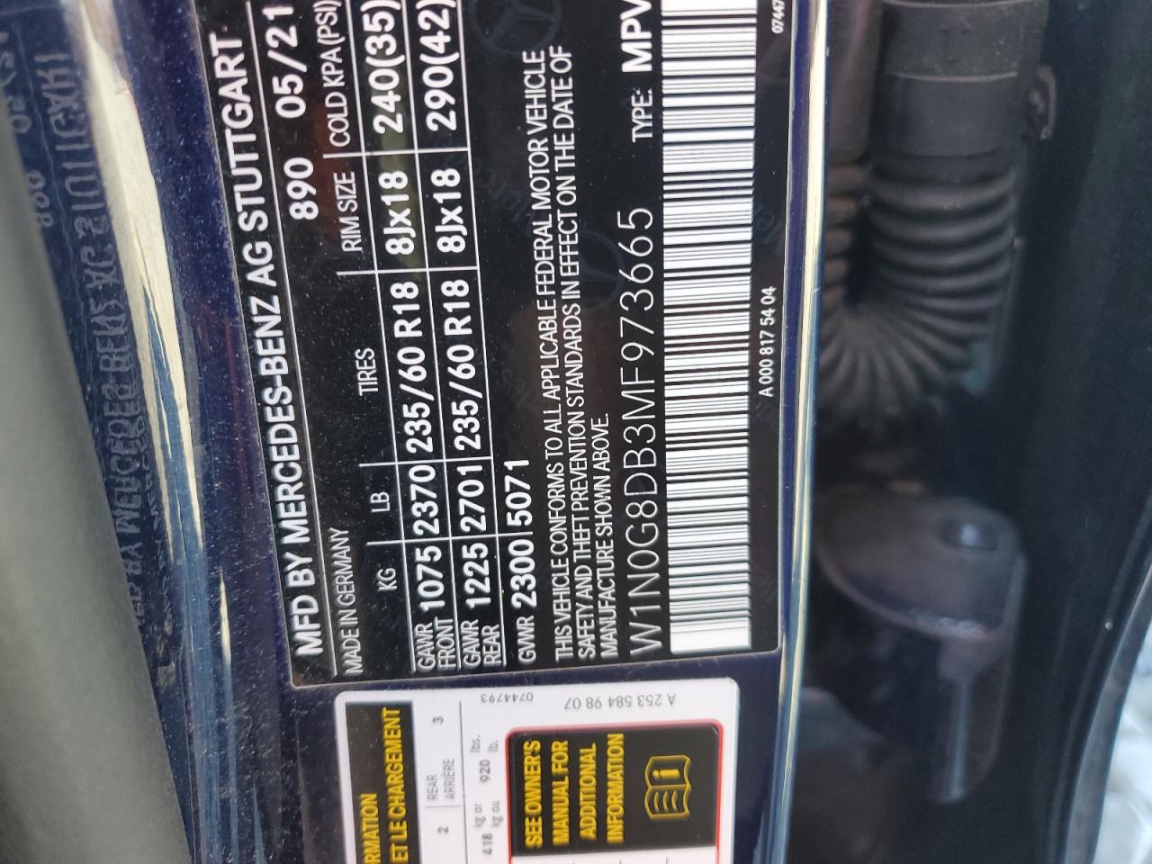 2021 Mercedes-Benz Glc 300 VIN: W1N0G8DB3MF973665 Lot: 93105285