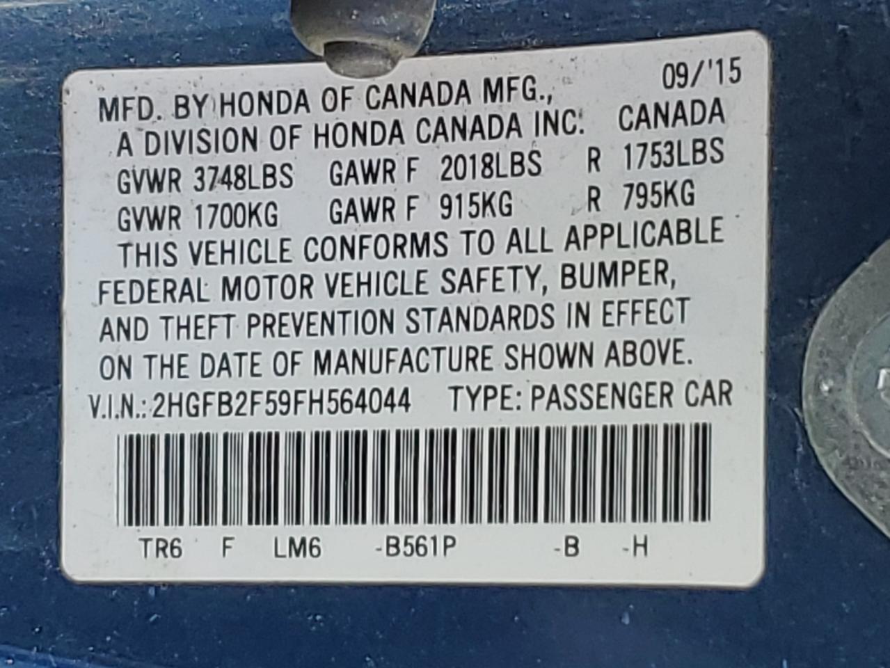 2015 Honda Civic Lx VIN: 2HGFB2F59FH564044 Lot: 90953895