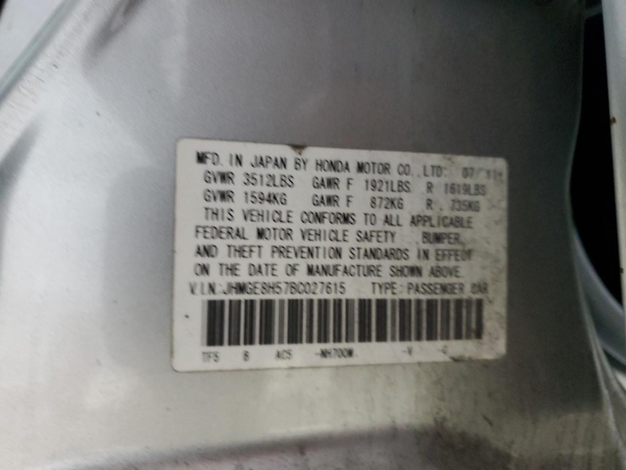 2011 Honda Fit Sport VIN: JHMGE8H57BC027615 Lot: 93234655