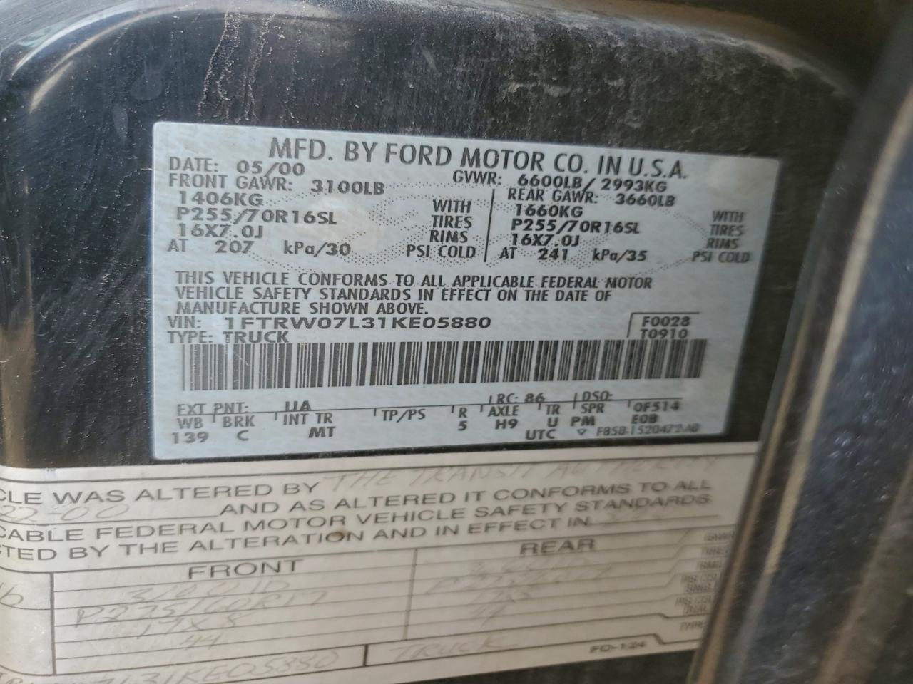 2001 Ford F150 Supercrew VIN: 1FTRW07L31KE05880 Lot: 94924045