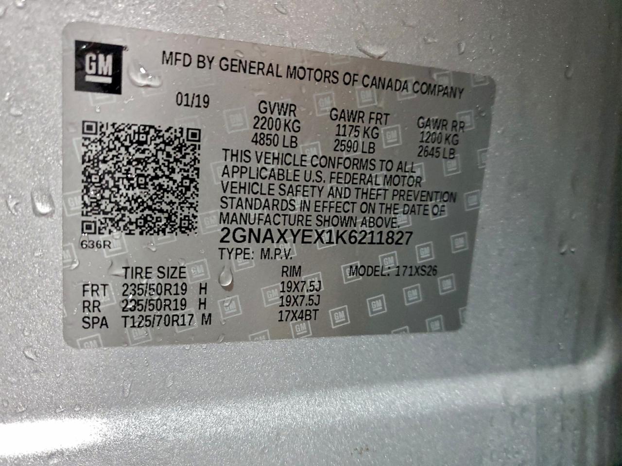 2019 Chevrolet Equinox Premier VIN: 2GNAXYEX1K6211827 Lot: 94802095