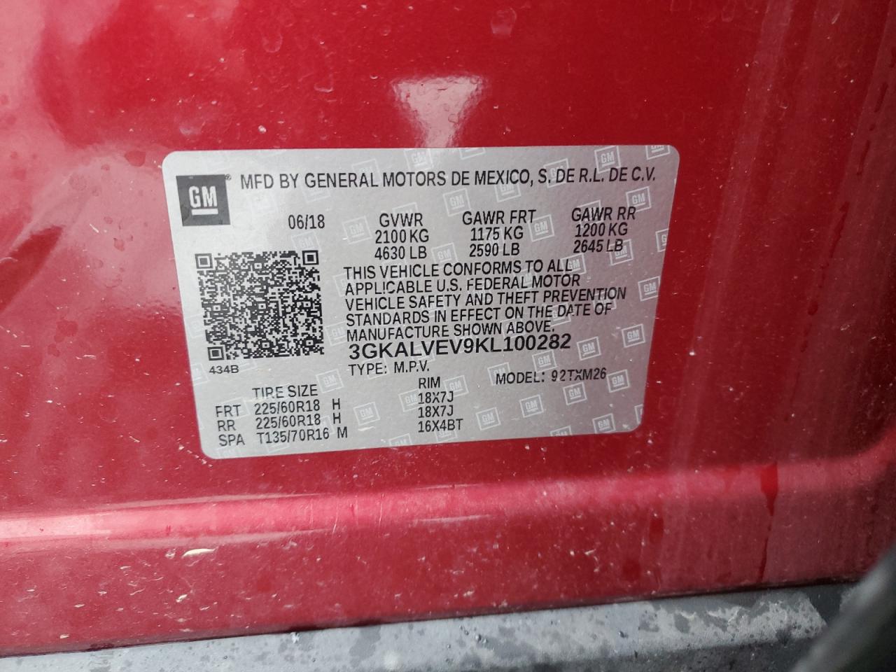 2019 GMC Terrain Slt VIN: 3GKALVEV9KL100282 Lot: 93562665