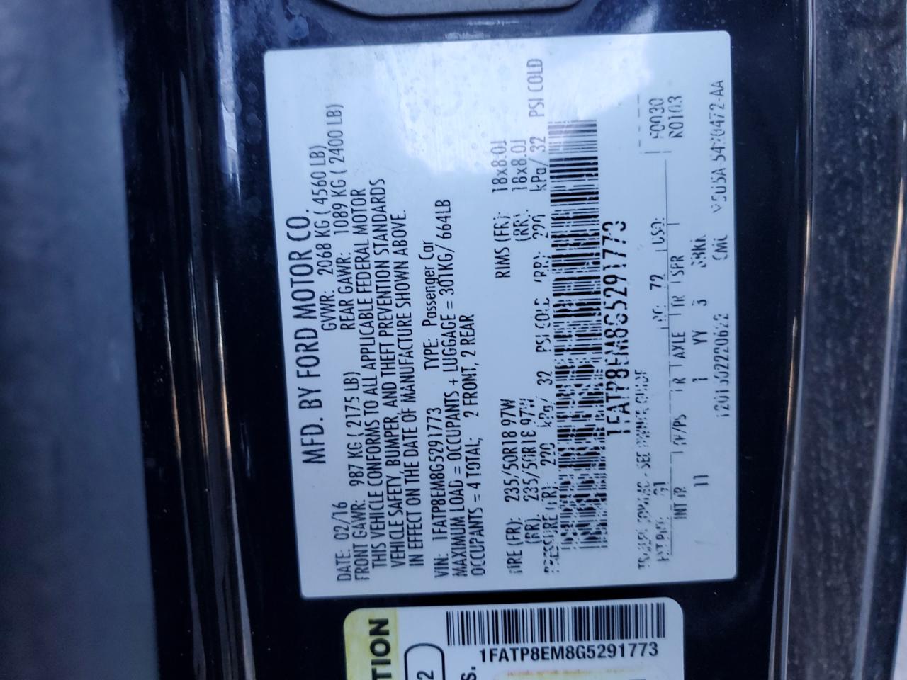 2016 Ford Mustang VIN: 1FATP8EM8G5291773 Lot: 91059665