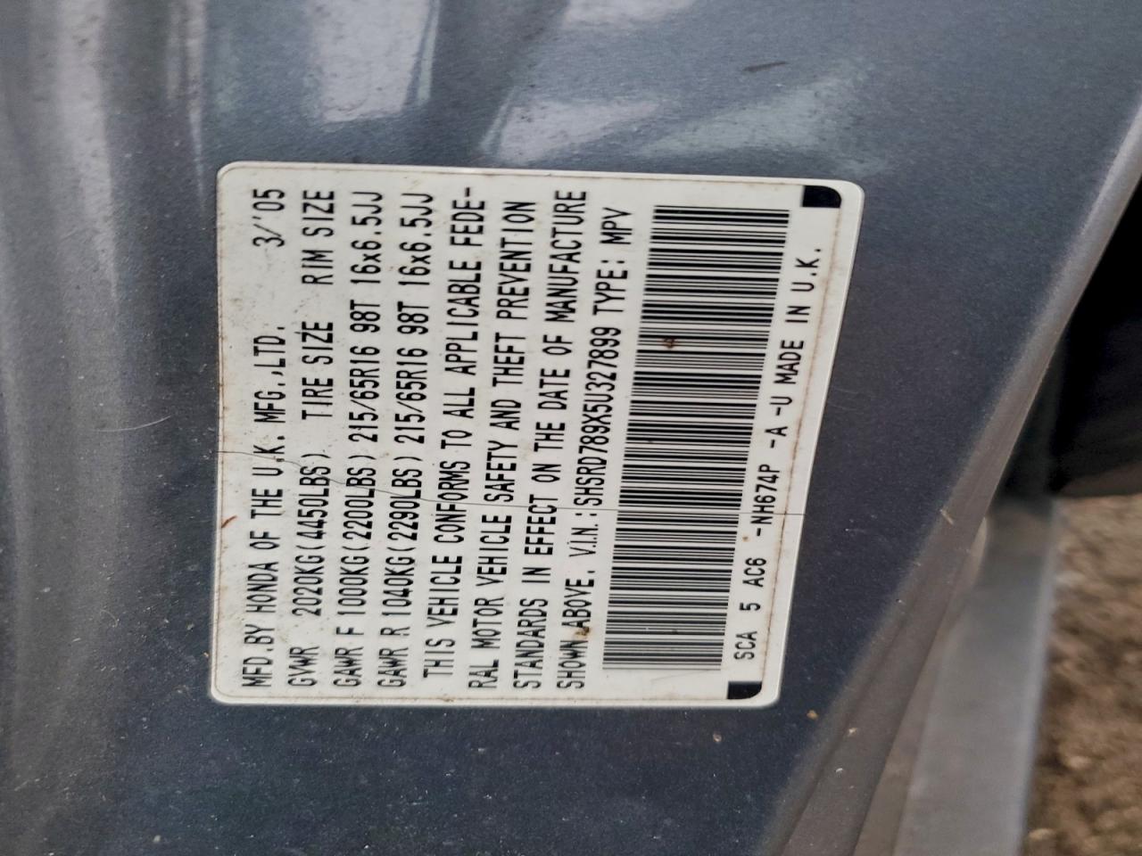 2005 Honda Cr-V Se VIN: SHSRD789X5U327899 Lot: 93826805