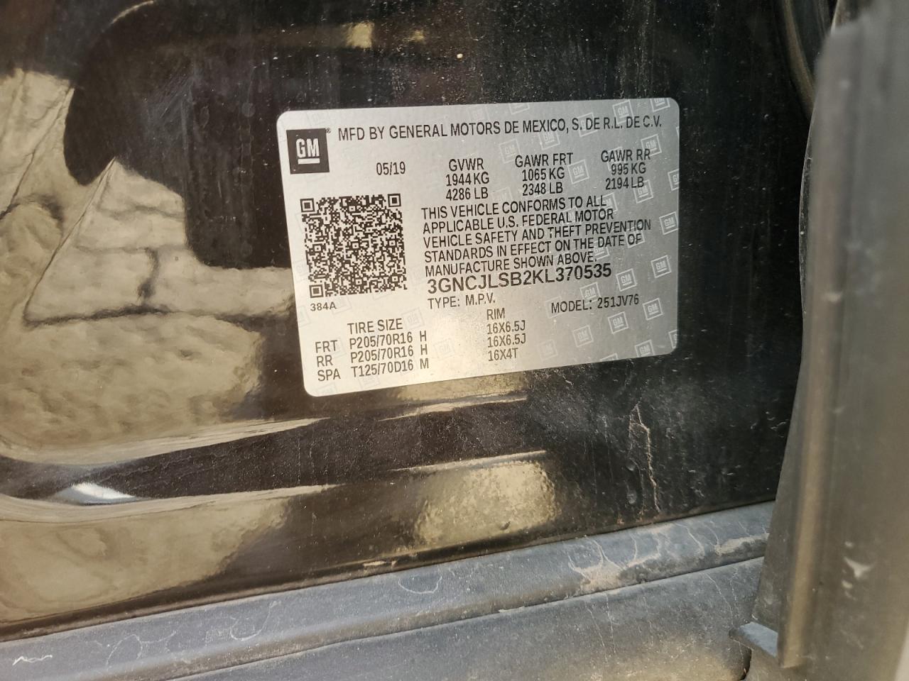 2019 Chevrolet Trax 1Lt VIN: 3GNCJLSB2KL370535 Lot: 92123885