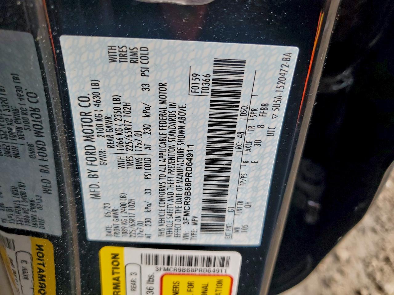 2023 Ford Bronco Sport Big Bend VIN: 3FMCR9B68PRD64911 Lot: 93718715