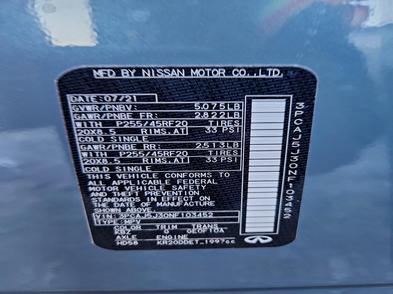 2022 Infiniti Qx55 Luxe VIN: 3PCAJ5J30NF103452 Lot: 93996165