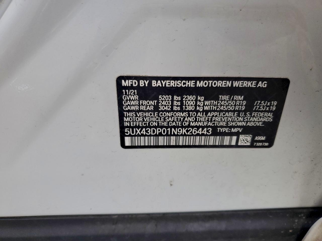 2022 BMW X3 Sdrive30I VIN: 5UX43DP01N9K26443 Lot: 93888975