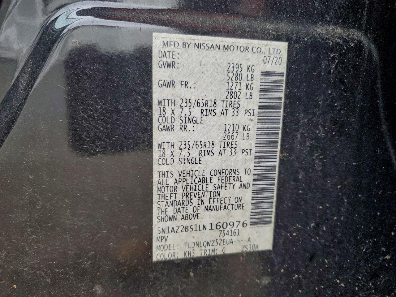 2020 Nissan Murano Sv VIN: 5N1AZ2BS1LN160976 Lot: 94185885