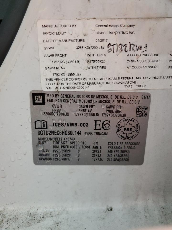 2017 GMC Sierra K1500 Slt VIN: 3GTU2NEC6HG300144 Lot: 90870655