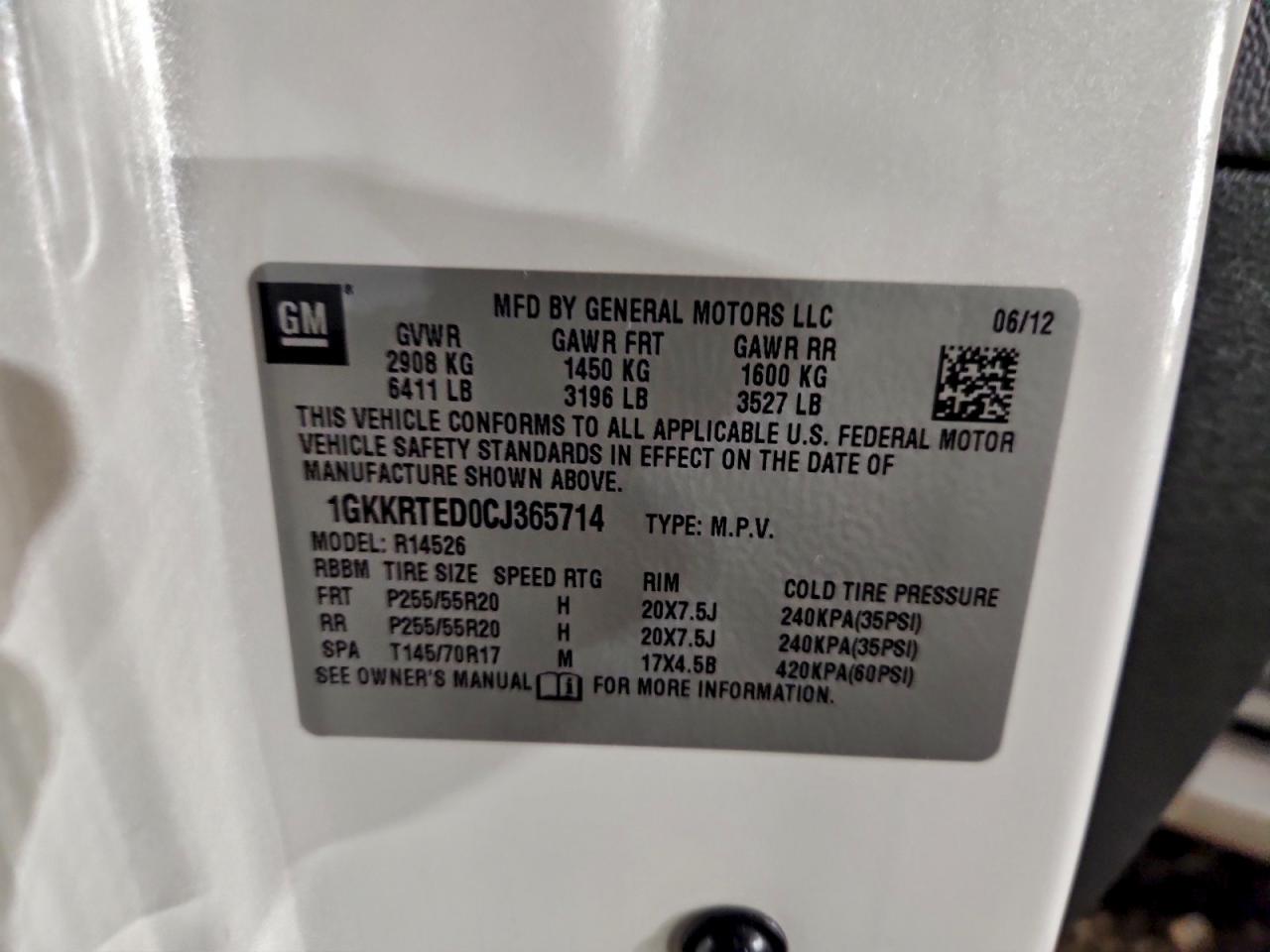 2012 GMC Acadia Denali VIN: 1GKKRTED0CJ365714 Lot: 94288545