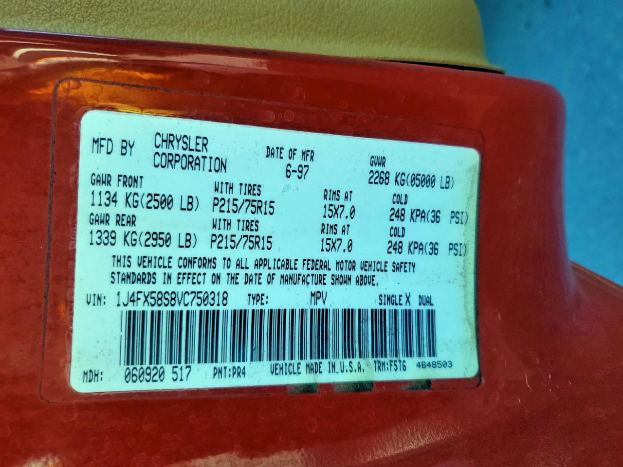 1997 Jeep Grand Cherokee Laredo VIN: 1J4FX58S8VC750318 Lot: 93454685