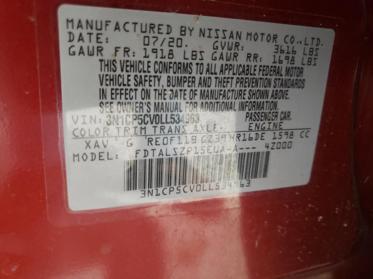 2020 Nissan Kicks Sv VIN: 3N1CP5CV0LL534963 Lot: 92807845