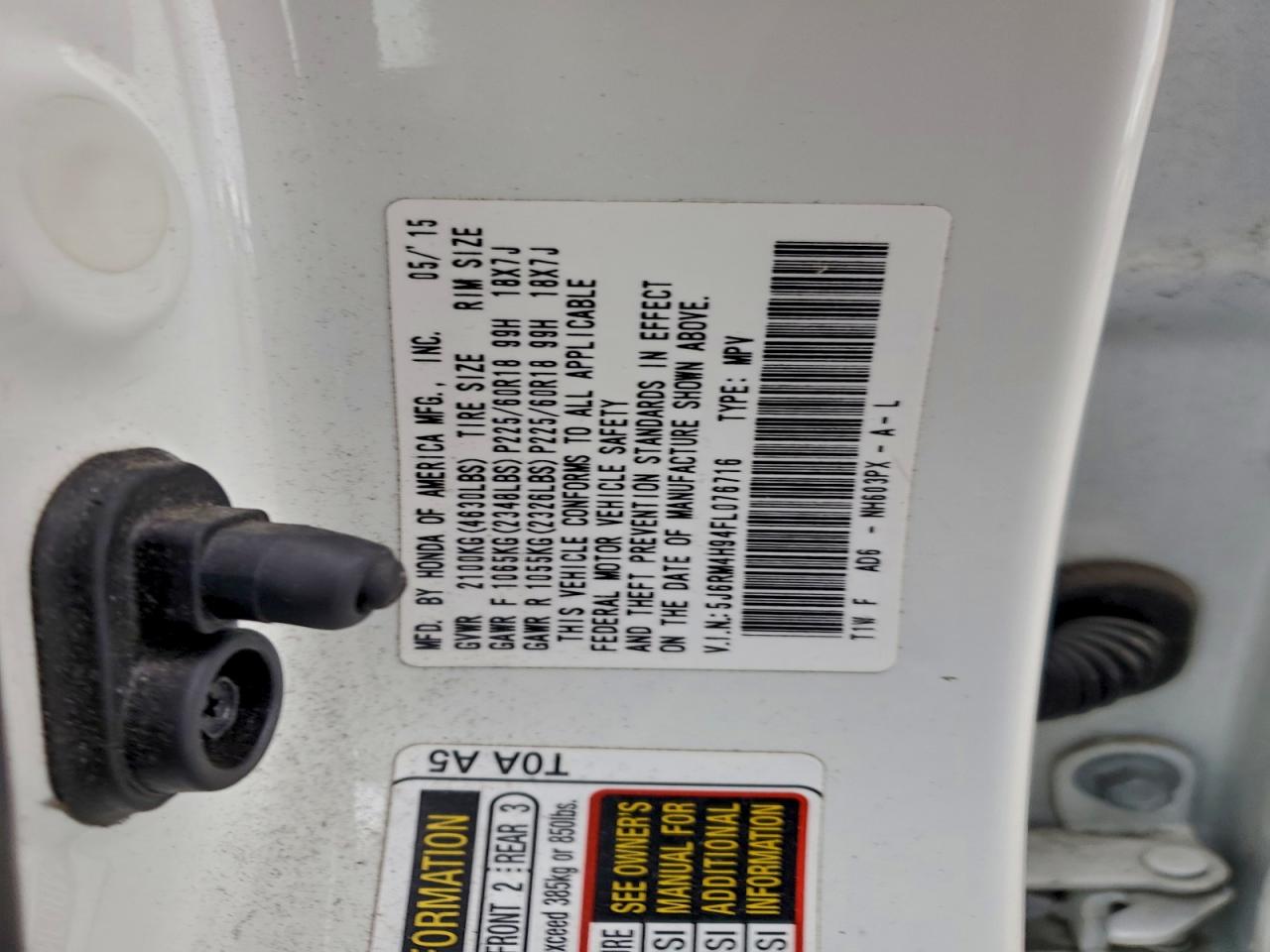 2015 Honda Cr-V Touring VIN: 5J6RM4H94FL076716 Lot: 93614665